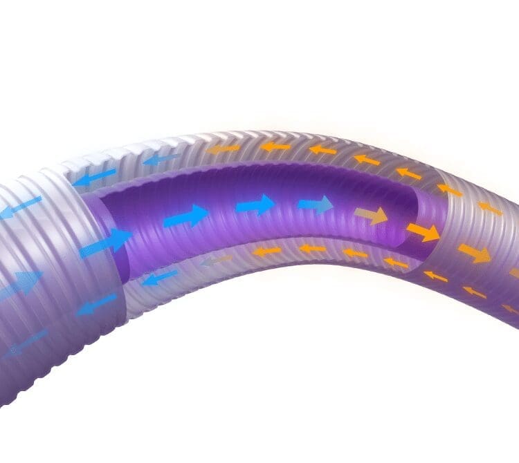 A computer generated image to show how the combiflex tubing from Armstrong Medical works in breathing circuits